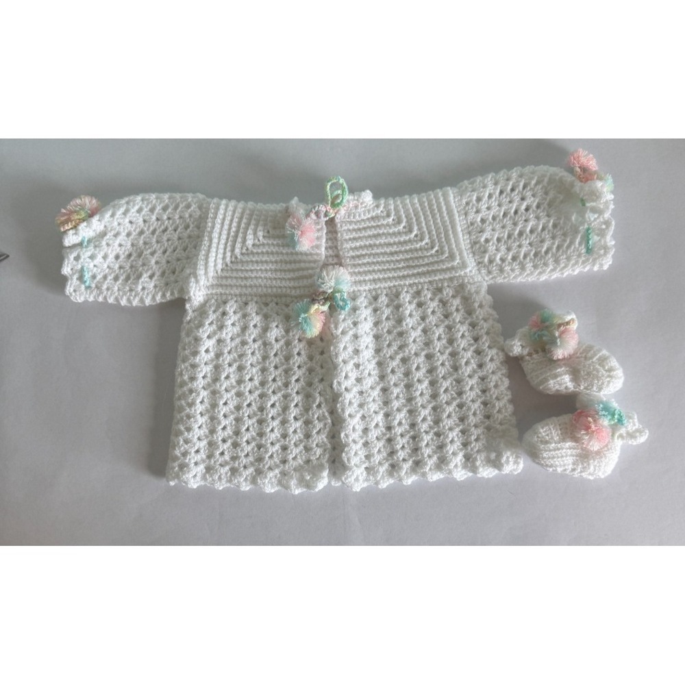 BABY SWEATER SET Handmade Knitted White Sweater Booties White 3-6 months